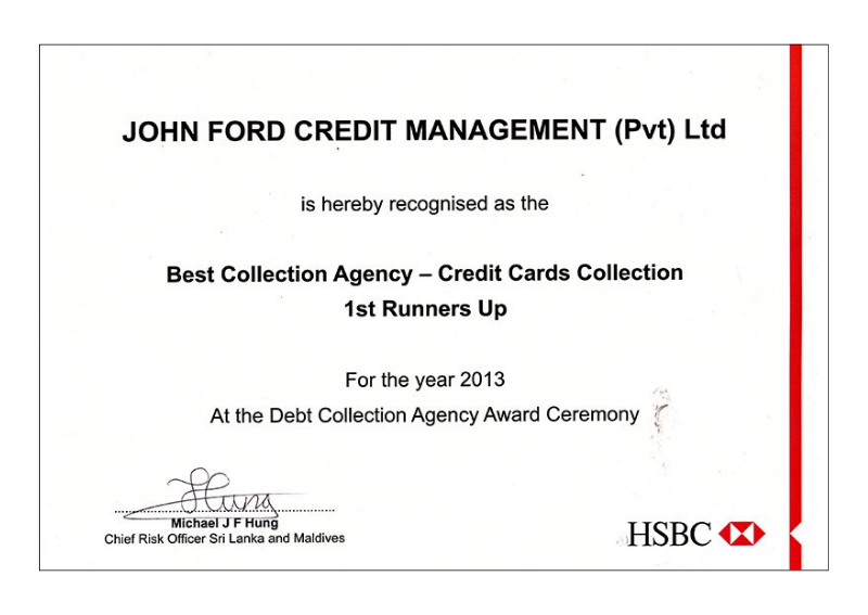 HSBC Best Collection Agency - Credit Cards Collection - 1st Runners Up 2013