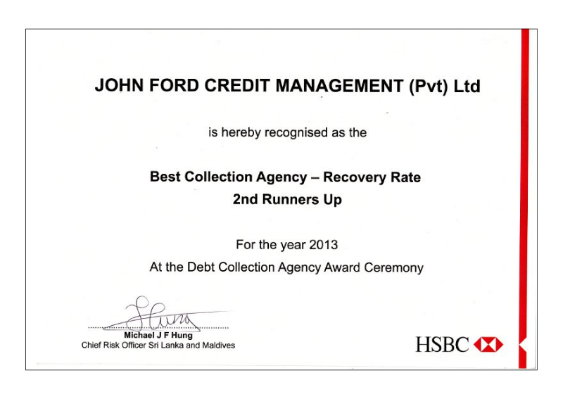 HSBC Best Collection Agency - Recovery Rate - 2nd Runners Up 2013