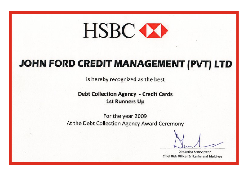 HSBC Best Dept Collection Agency - Credit Cards - 1st Runners Up 2009