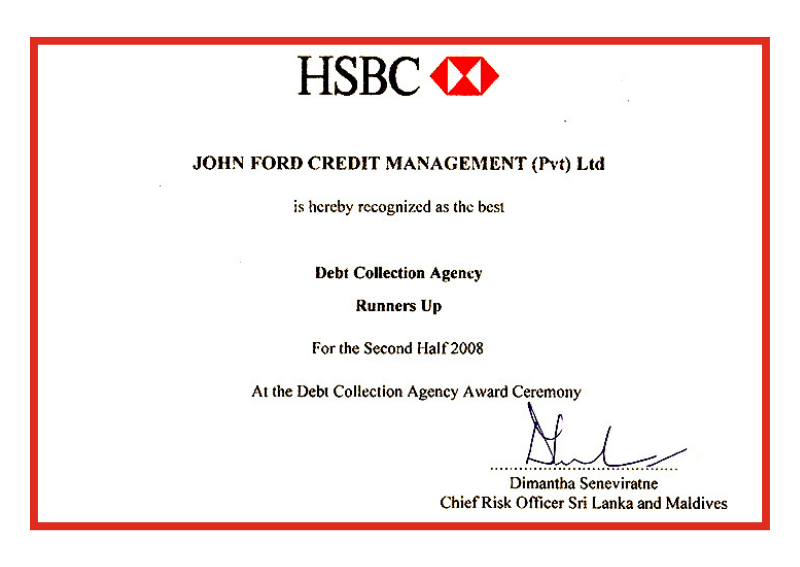 HSBC Best Dept Collection Agency - Runners Up 2008