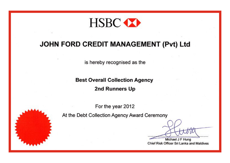 HSBC Best Overall Collection Agency - 2nd Runners Up 2012